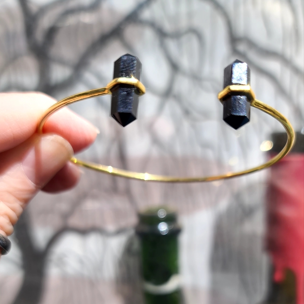 Black Onyx dual points gemstone Sterling &Gold bangle - Picture 5 of 7